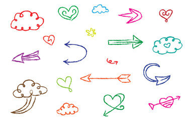 A playful collection of hand drawn doodles featuring colorful arrows, hearts, clouds, and whimsical symbols