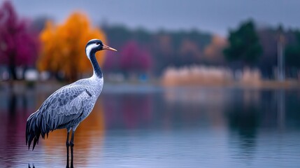 Elegant Crane Bird Standing Calmly in Water with Autumnal Foliage Reflections in Serene Lake Ambiance