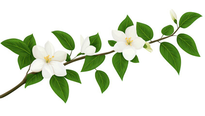 Fototapeta premium A delicate branch adorned with white flowers and lush green leaves. elegantly positioned against a clean white background. perfect for nature-themed designs and botanical illustrations