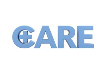 3D Blue CARE Text with Medical Cross Symbol - Healthcare & Support Concept