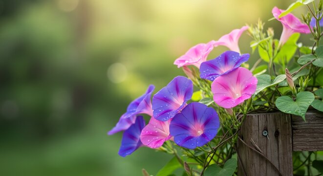 Hermosas campanillas moradas y rosas florecen bajo la c&aacute;lida luz solar matutina creando un ambiente sereno