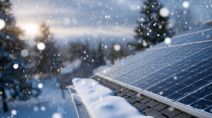 Partially snow-covered rooftop with solar panels glistening under winter sun, snow sparkling around edges, subtle frost crystals visible on roof shingles