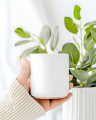 Cozy hand holding a blank white mug in a bright, modern setting with lush green plants, perfect for custom branding and product mockups.