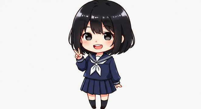 Adolescente anime chibi en uniforme escolar sonr&iacute;e alegremente haciendo un gesto de paz fondo blanco brillante