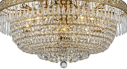 Lujoso candelabro de cristal con brillante luz dorada y destellos resplandecientes que iluminan con gran elegancia