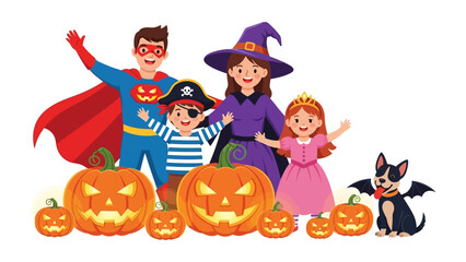 Halloween Family: A lively family dressed in vibrant Halloween costumes, accompanied by pumpkins, radiates the joyful spirit of the season, set against a bright backdrop.