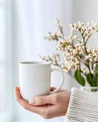 Warm hands cradle a steaming white mug, offering a moment of cozy comfort beside delicate white blossoms in soft natural light.