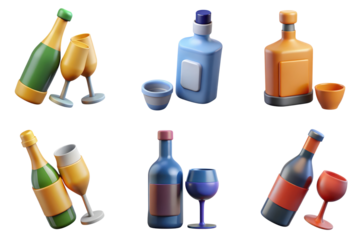 High quality photo of assorted alcoholic beverage bottles and glasses isolated on transparent background