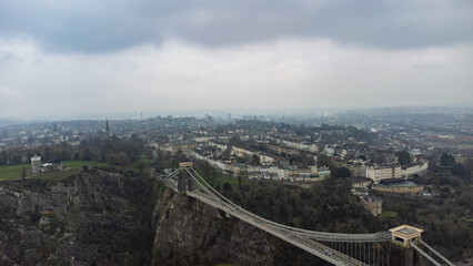 Clifton on a rainy afternoon. Bridge, observatory, and town in view. Urban sprawl of Bristol in the...
