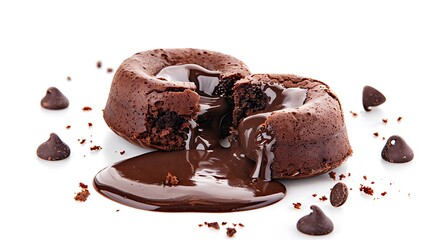 A molten chocolate lava cake with chocolate chips on a white surface showing the melted chocolate center