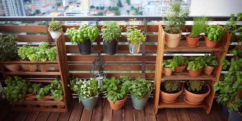 Fototapeta premium Balcony with a variety of potted plants, including basil, parsley, and mint