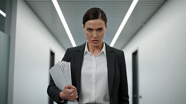 Serious and determined businesswoman with an intense angry expression carrying important documents while confidently striding through a bright modern office hal