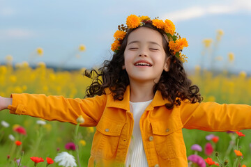 Joyful child with flower crown celebrates pure summer bliss amidst vibrant blooming fields, arms outstretched in pure delight.