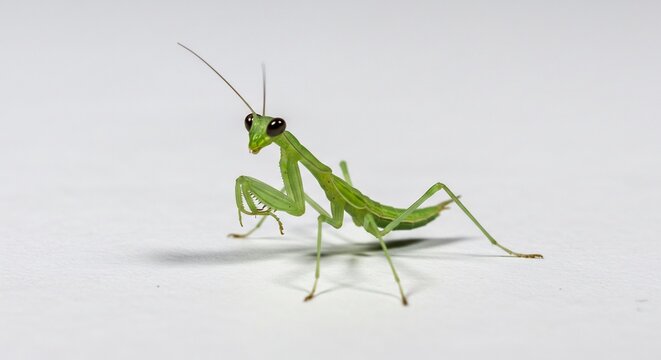 Mantis religiosa verde exhibe su elegante silueta bajo una iluminaci&oacute;n suave contra un fondo blanco pulcro y minimalista