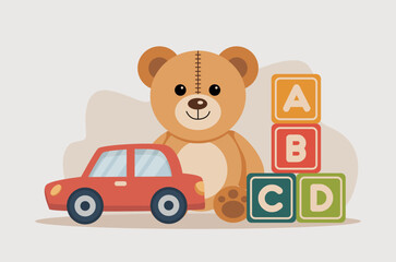 Various toys for kids. Teddy bear, toy cubes, child car. Childhood, children games concept.