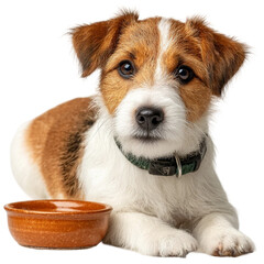  Jack russell terrier sitting next to a bowl of food. isolated on transparent background.png