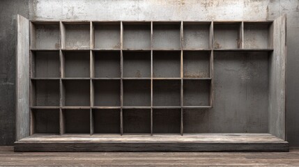 Empty rustic wooden cubby shelf against concrete wall. AI generative