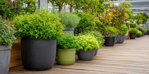 Fototapeta premium Row of potted plants are lined up on a wooden deck