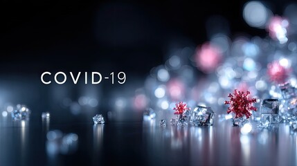 COVID 19 Text Banner with Virus Icons on Reflective Surface with a Blue Background