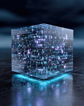 transparent cube with floating encrypted characters inside, concept of secure data storage