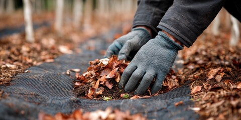 Naklejka premium Man is wearing gloves and picking up leaves