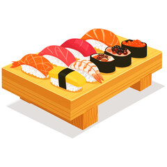 Colorful sushi assortment with glossy delicate texture symbolizing harmony, joy, and prosperity in Japanese cuisine 

