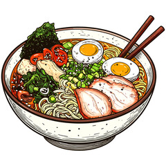 Colorful ramen bowl with rich savory texture and vibrant vegetables symbolizing harmony, strength, and joy 
