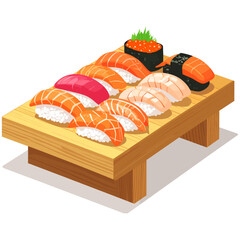 Colorful sushi assortment with glossy delicate texture symbolizing harmony, joy, and prosperity in Japanese cuisine 
