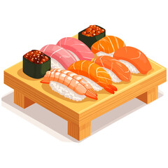Colorful sushi assortment with glossy delicate texture symbolizing harmony, joy, and prosperity in Japanese cuisine 
