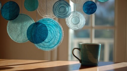Teal ceramic mug on wooden table beneath hanging felt circles mobile by window light. AI generative
