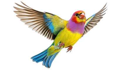 Fototapeta premium A vibrant. multicolored bird in mid-flight. its striking plumage against a white background. symbolizing freedom and beauty in nature photography