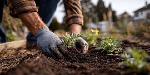 Man is planting a seedling in the dirt