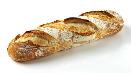 A single loaf of crusty baguette bread on a white surface in a studio shot with natural lighting