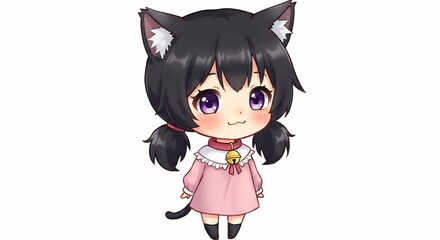 Adorable chica anime chibi con orejas de gato y colita negra sonriendo dulcemente sobre fondo blanco claro