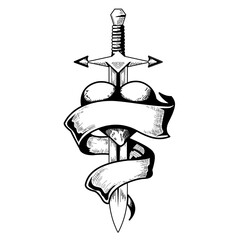 Black & white Illustration of a sword, heart and ribbon