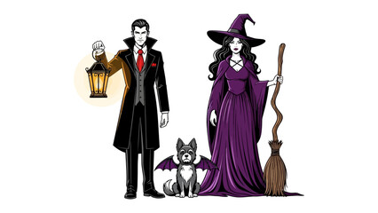 Halloween Characters: Dracula, Witch and Dog: A vector illustration of a male vampire, female witch and black color dog with wing on Halloween day.