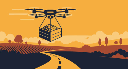 Drone delivering a crate of goods over a rural landscape.
