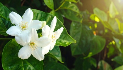 Delicate White Jasmine Blossoms Bathed in Golden Sunlight, Green Foliage Backdrop.