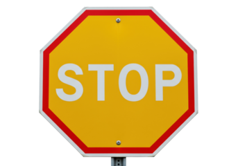 Yellow stop sign PNG isolated on transparent background, traffic safety symbol for road regulations and driver awareness