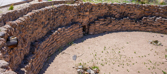 Closeup Section of Big Kiva, an Ancient American Indian Ceremonial Structure, at Bandelier National Monument Park in Los Alamos, NM, USA 