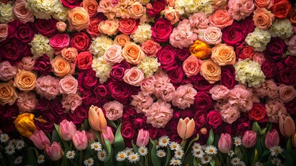 Radiant floral wall made entirely of assorted roses, tulips, and daisies in rich colors