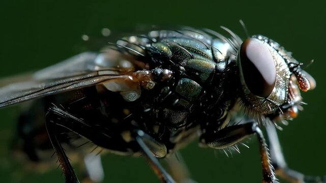 Extreme macro close-up of a common housefly with iridescent body and detailed compound eyes against a dark green background revealing intricate insect anatomy