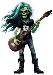 A cool zombie bassist with long blue hair and combat boots shreds a dark brown bass guitar.