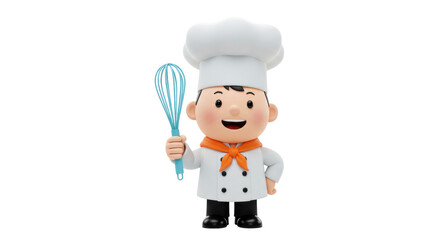 Cartoon chef holding a whisk isolated PNG, cute cook character with toque and uniform on transparent background, culinary arts and cooking