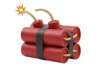 Dynamite sticks PNG isolated on transparent background, explosive device with burning fuse for danger and demolition