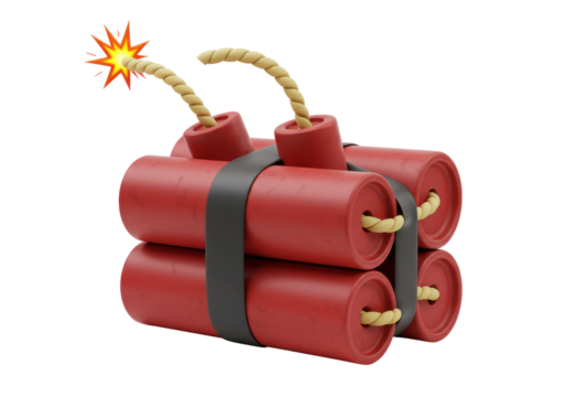 Dynamite sticks PNG isolated on transparent background, explosive device with burning fuse for danger and demolition