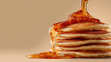 Stack Of Golden Pancakes With Flowing Maple Syrup: Delicious Breakfast Dessert On Pink Background Representing Sweet Food Indulgence And Morning Comfort