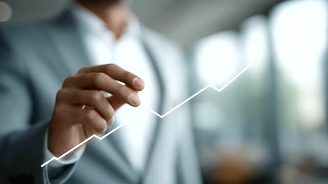 business student analyzing real world case study financial growth upward arrow illustration learning muted classroom buzz three quarter wide angle cinematic color correction gent