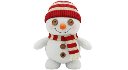 Adorable snowman plush toy isolated, festive winter decoration with striped hat and scarf for holiday season