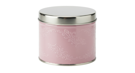 Pink tea caddy with silver lid isolated on white, decorative metal container for storing tea leaves and kitchen organization
